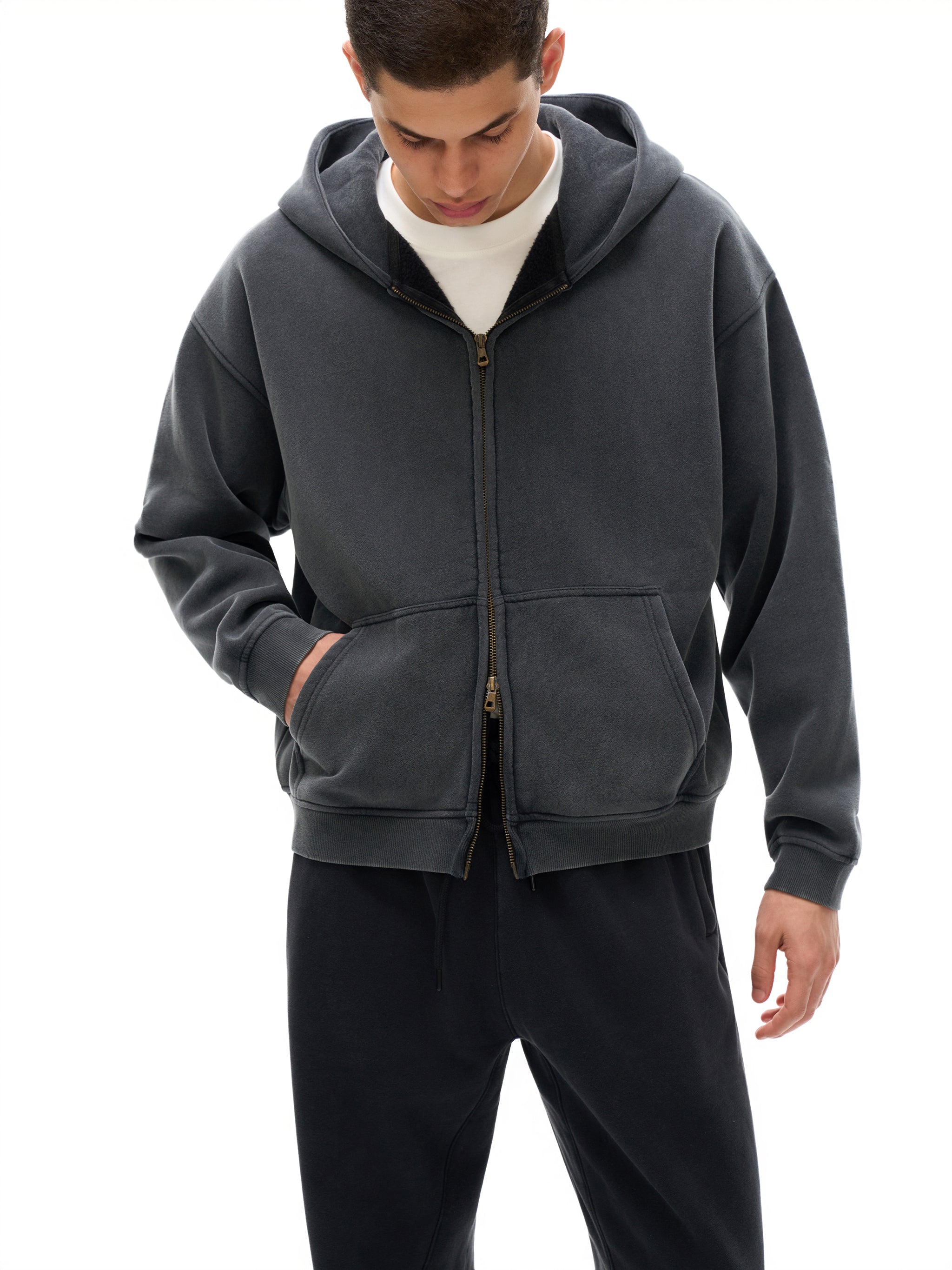 Washed Zip-Up Fleece Hoodie