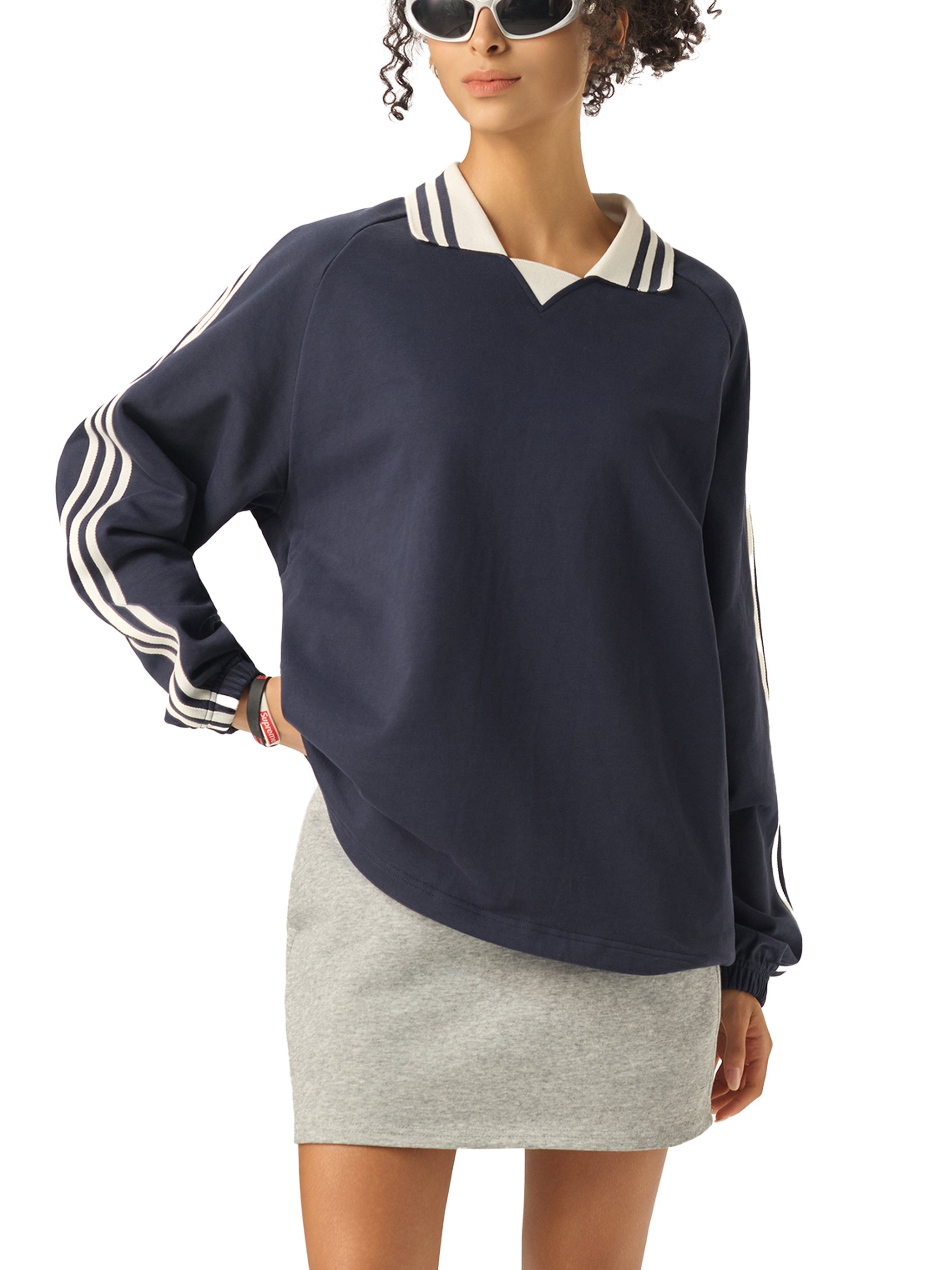 Contrast Striped Lapel Collar Sweatshirt